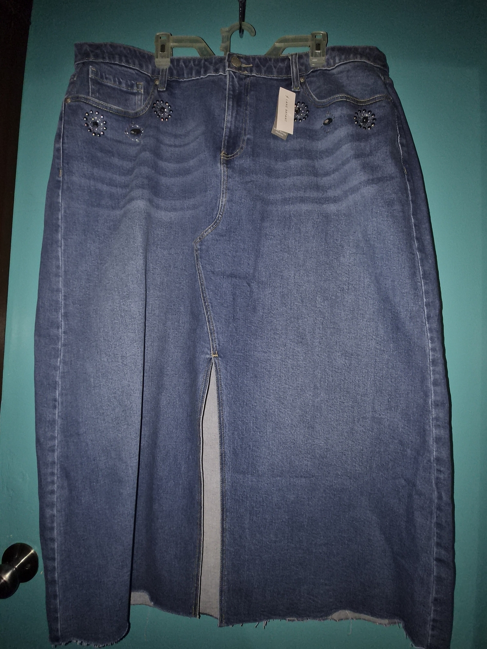 Lane Bryant Blue Denim Maxi Skirt with Front Slit and Bead Accents